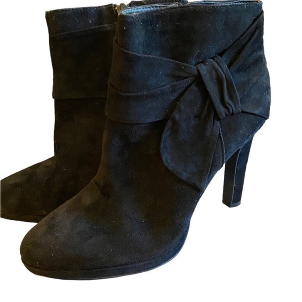 Gianni Bini Black Suede High Heel Bootie Size 6.5 Bow & Zipper Size 6 1/2.